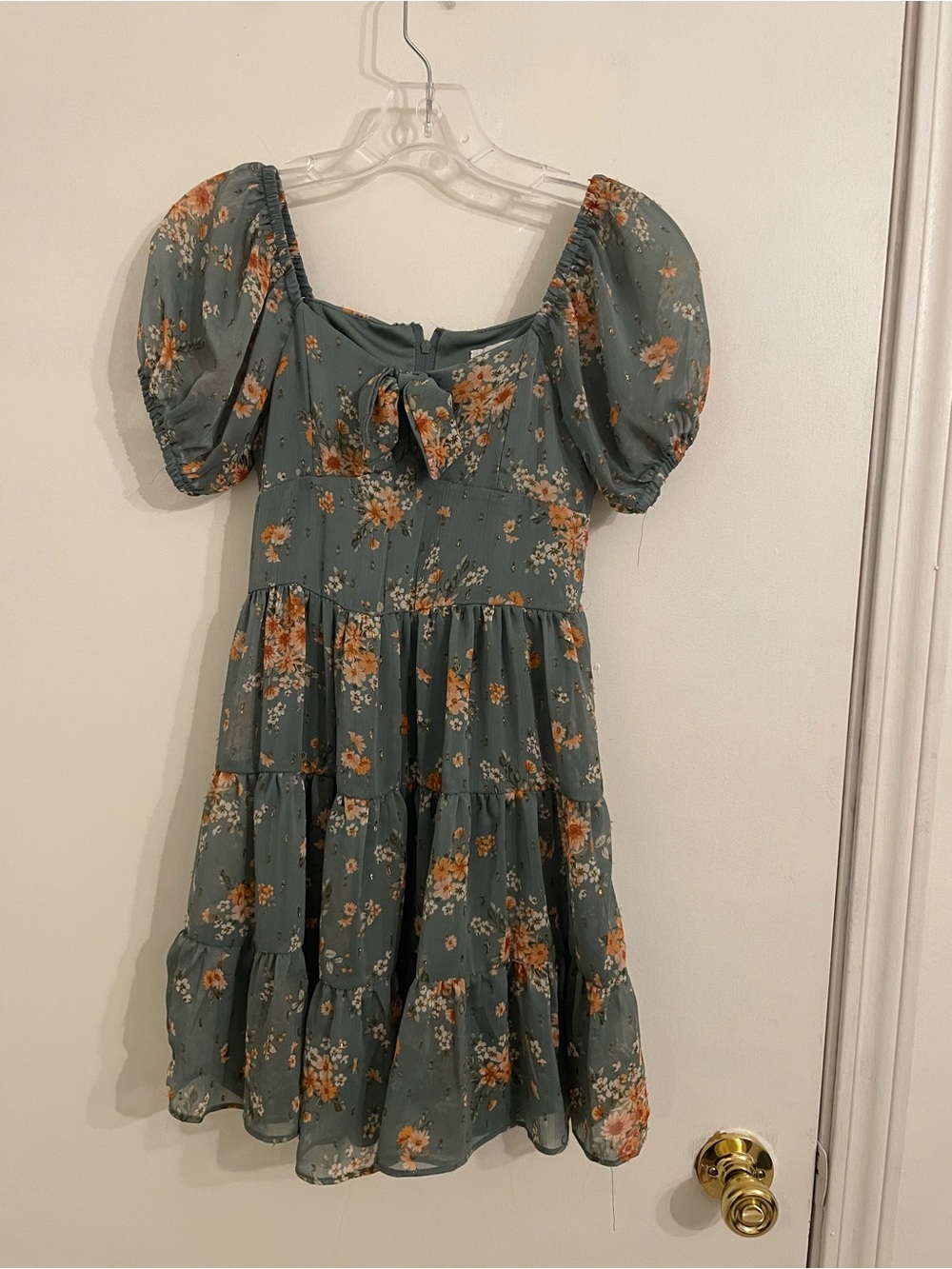 Rare Editions Sage Green Floral Puff Sleeve Tiered Dress